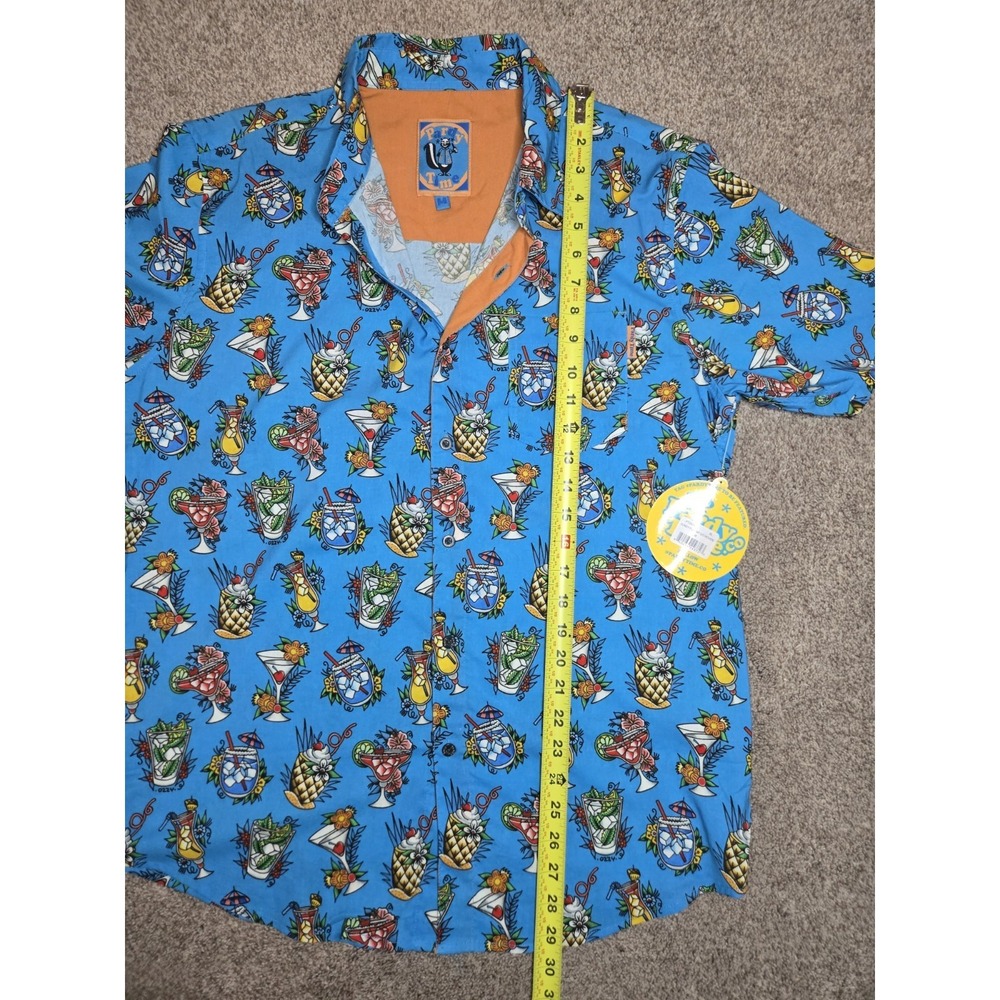 Pardy Time Sundy Funday Tropical Graphic Button-Up Shirt Blue Short Sleeve M - Picture 6 of 7